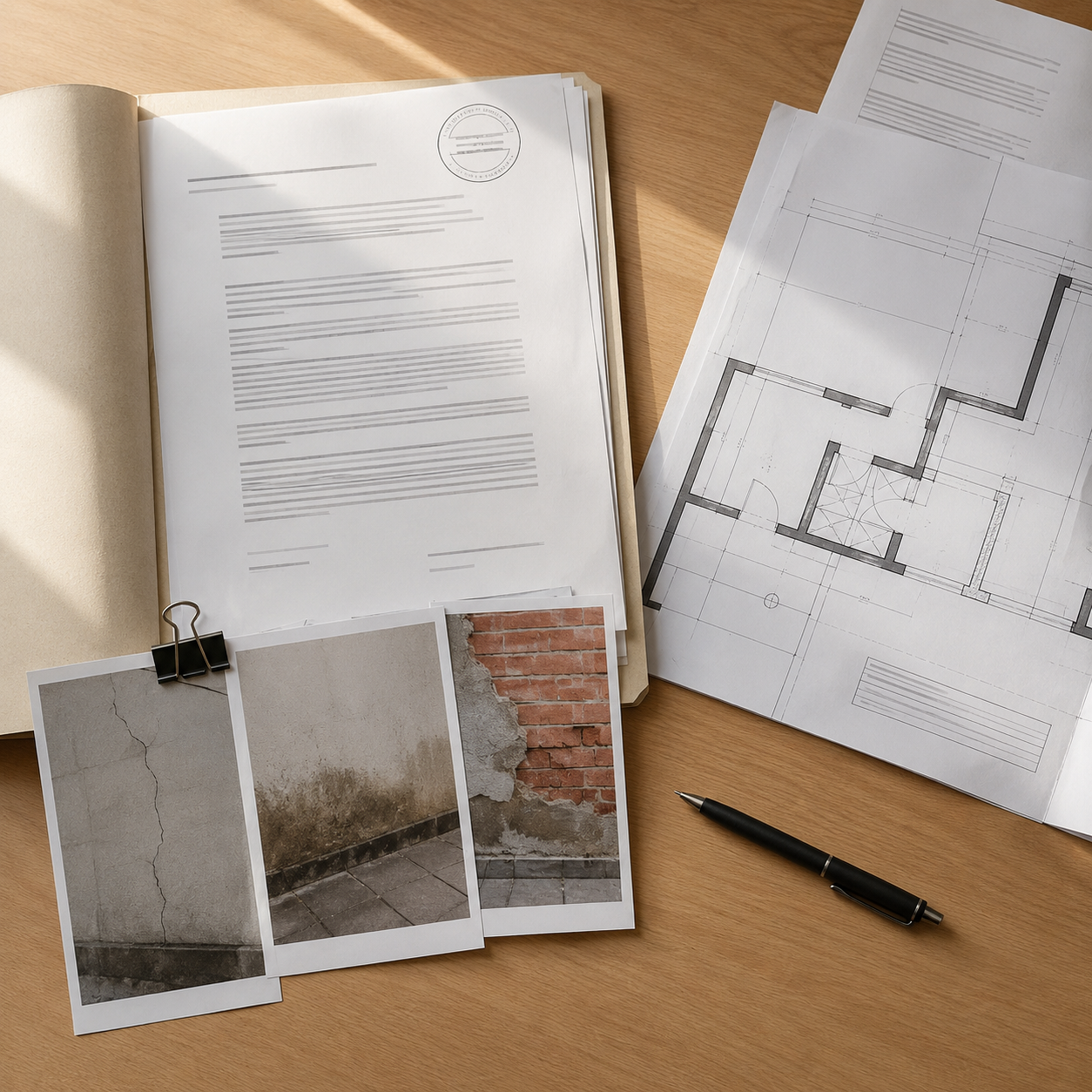 Expediente de reclamación a constructora con soporte fotográfico y constancia de radicación